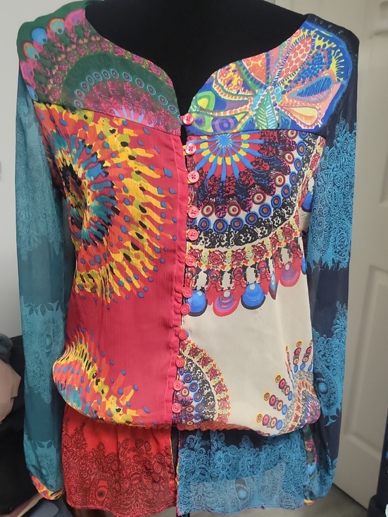 Desigual Tops - Desigual Large* Vintage Y2K Patchwork Mesh Sheer Button Down Blouse Boho